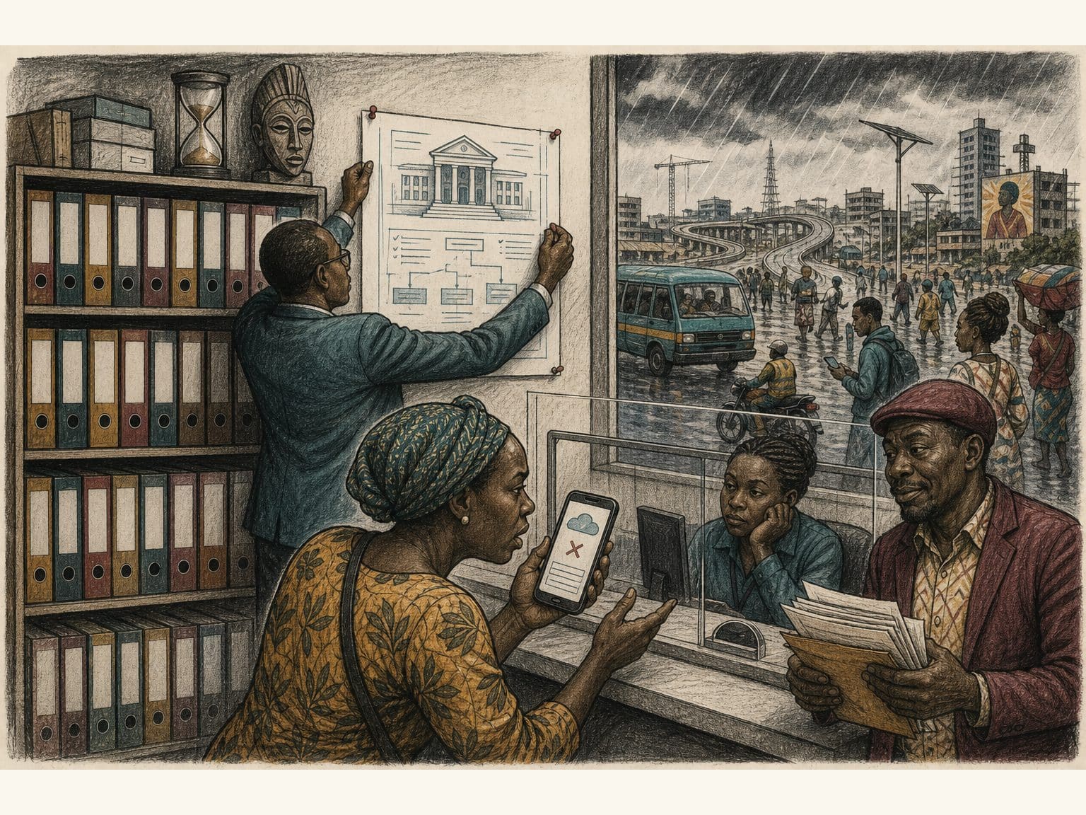 Editorial caricature of institutional memory binders and a photocopied Best Practice blueprint pinned indoors while outside the window the landscape has changed, and a citizen at a counter faces a failed digital form beside a broker.