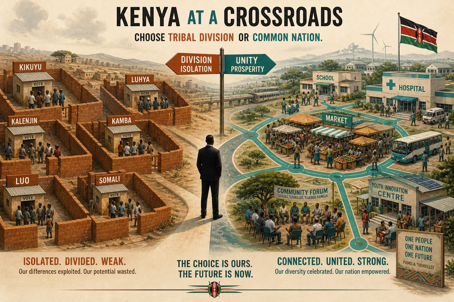Conceptual illustration of a candidate silhouette at a civic junction: isolated ethnic voting cells on one side, interconnected markets, schools, hospitals and forums on the other.