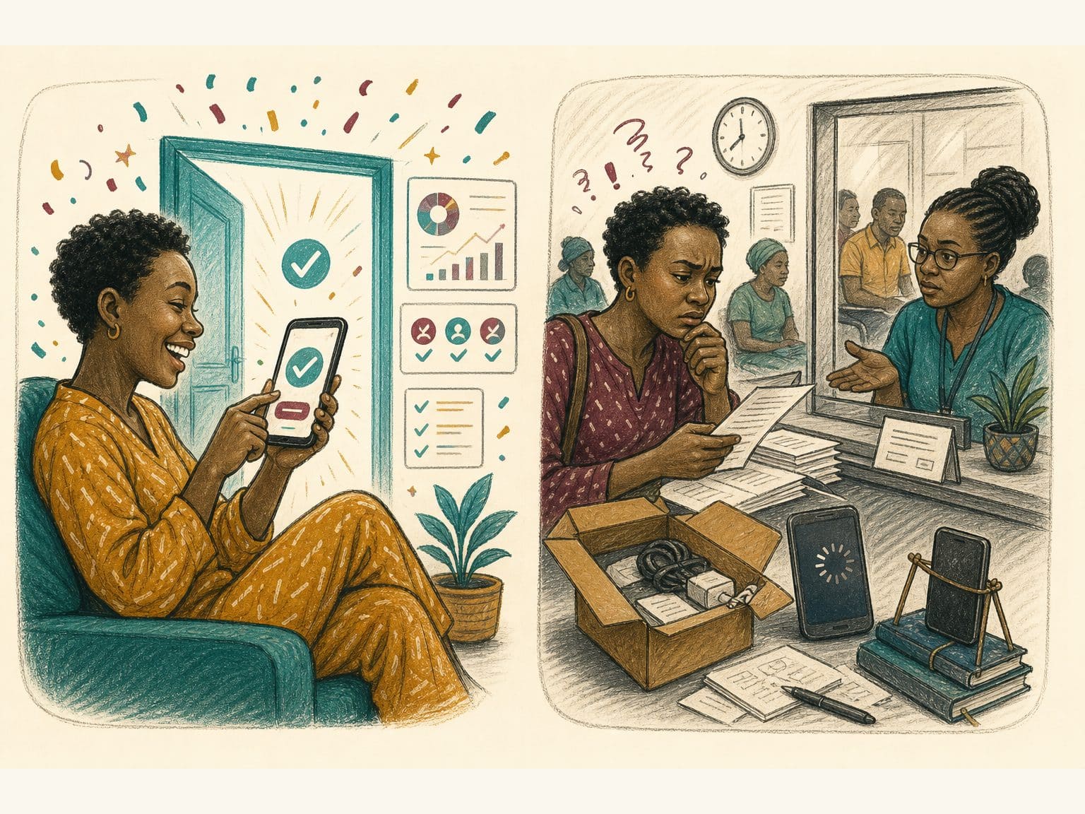 Editorial caricature diptych: a person completing a glowing digital choice while a dashboard celebrates conversion on one side; the next morning the same person faces friction at first use on the other.