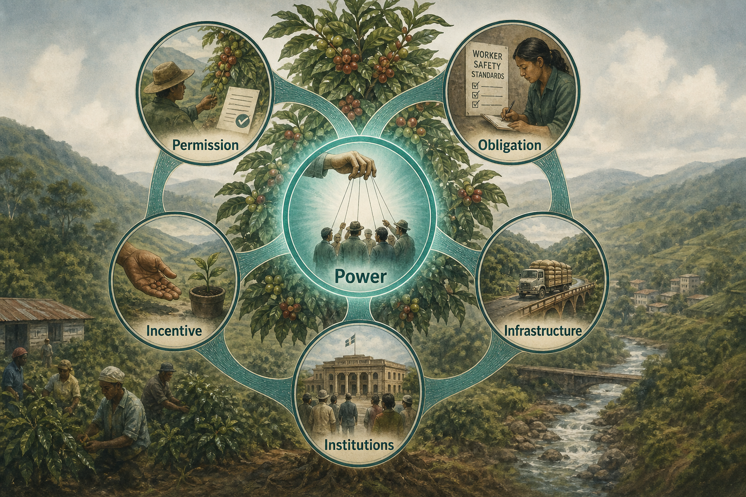 Six analytical lenses around a coffee tree: Permission, Obligation, Incentive, Infrastructure, Institutions, and Power, with Power emphasised as the centre of who wrote the market’s rules.