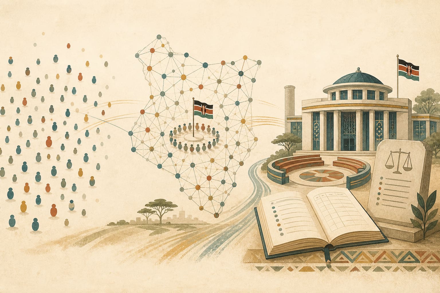 Conceptual three-stage illustration moving from a scattered crowd of dots, to a connected movement network, to a civic institution with forum and open ledger.