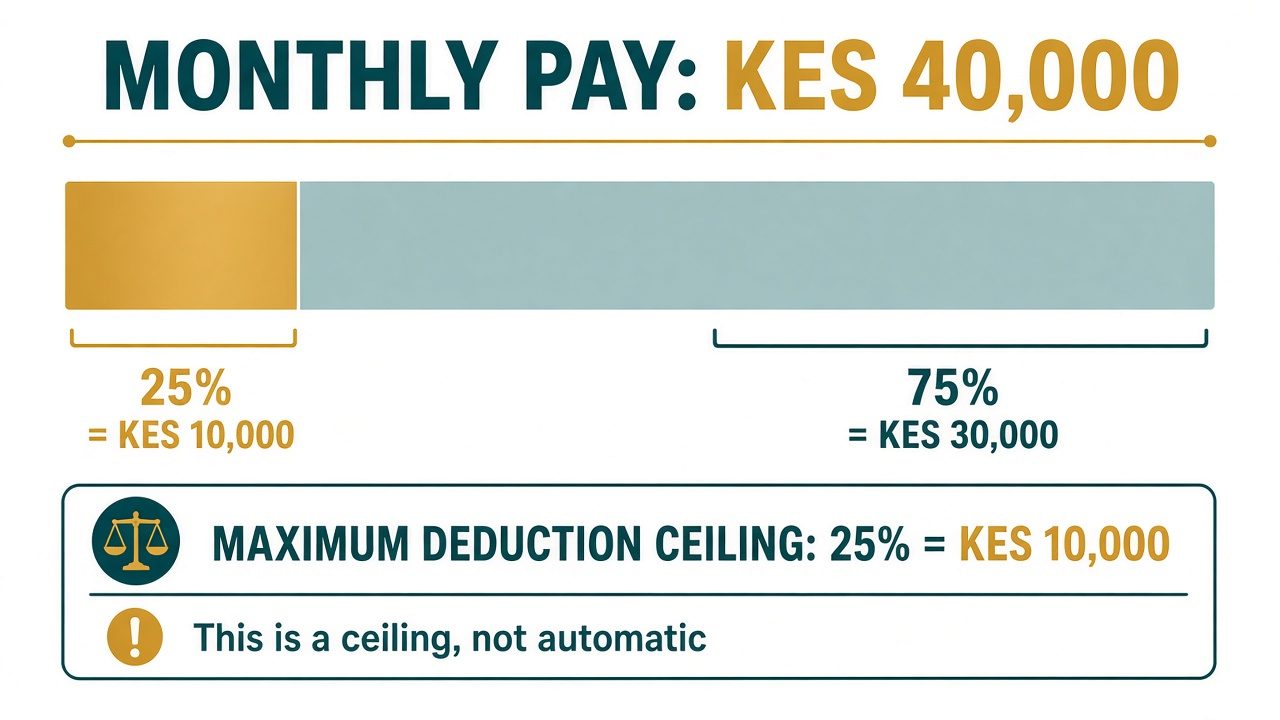 Bar chart: monthly pay KES 40,000; maximum deduction ceiling 25 percent equals KES 10,000.