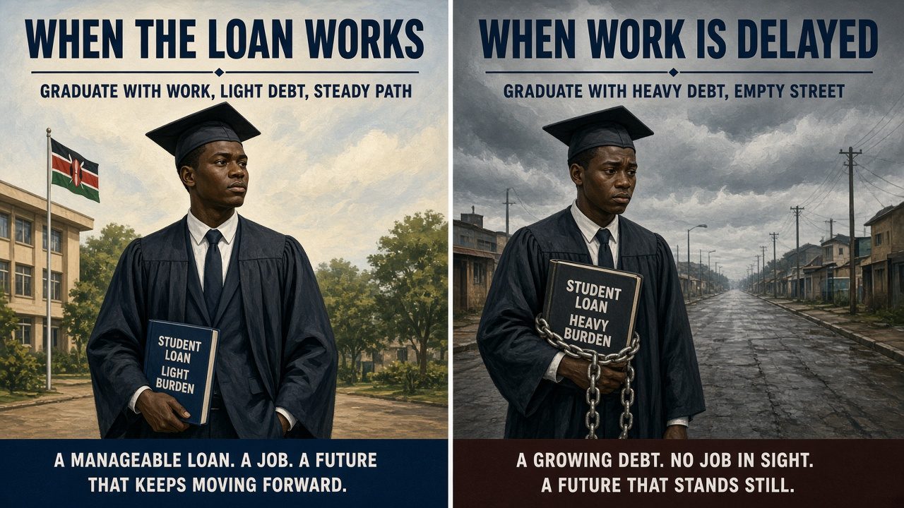 Left: when the loan works, graduate with work. Right: when work is delayed, graduate with a heavy debt book.