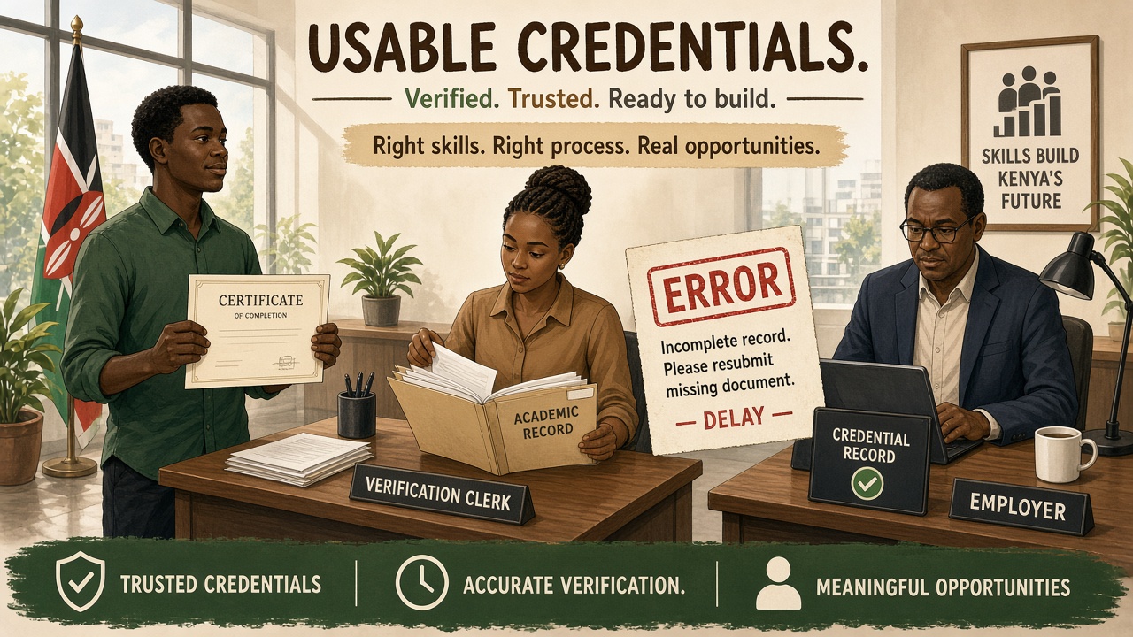 A graduate with a certificate while verification and hiring desks check records; one file shows an error stamp.