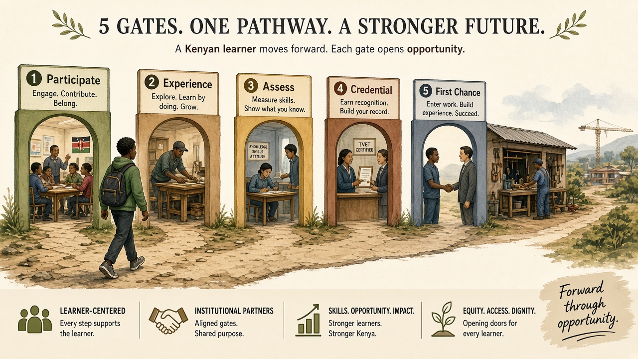 Five gates on a learner’s path: Participate, Experience, Assess, Credential, First Chance.