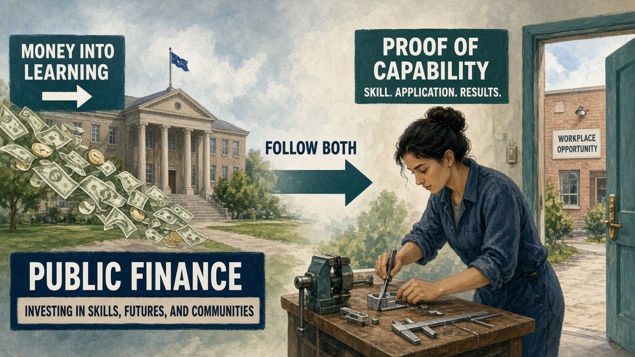 Money into learning on the left; proof of capability on the right; follow both.