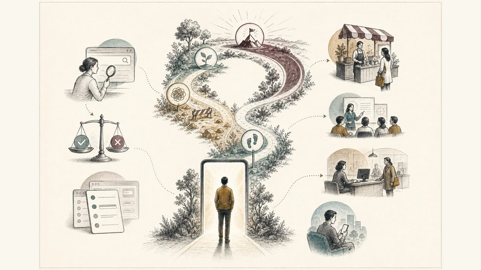 An open digital doorway leads from customer choice into a branching journey of use, friction, learning and realised value.