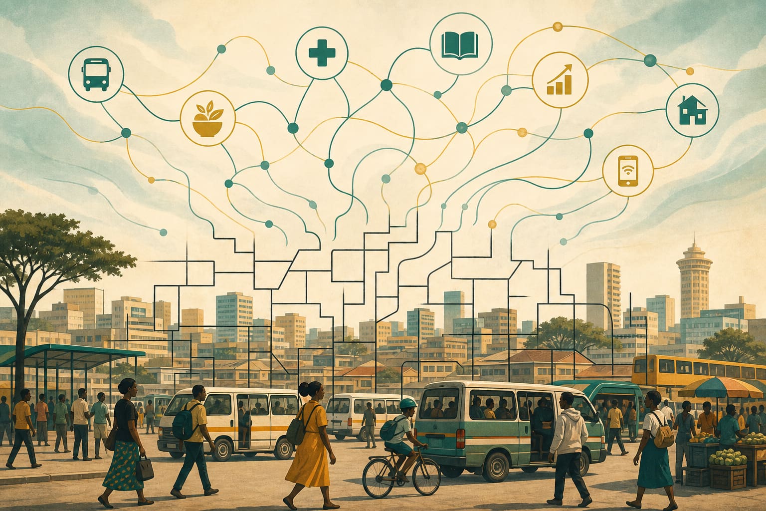 Conceptual illustration of a Kenyan city transport scene overlaid with rigid constituency-map lines that dissolve upward into a network of shared systems, transport, food, health, education, enterprise, housing and digital life.