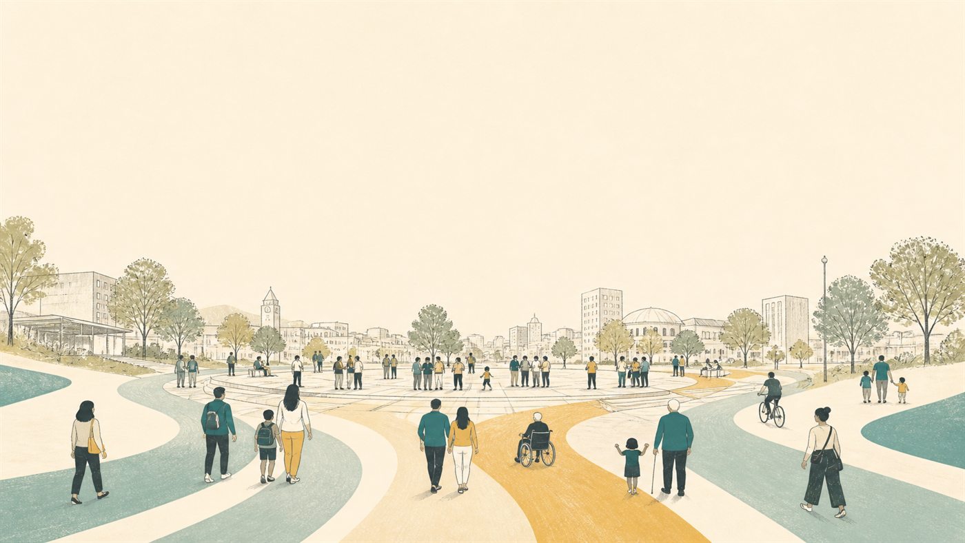 Different pathways meeting at an open public square where people gather.