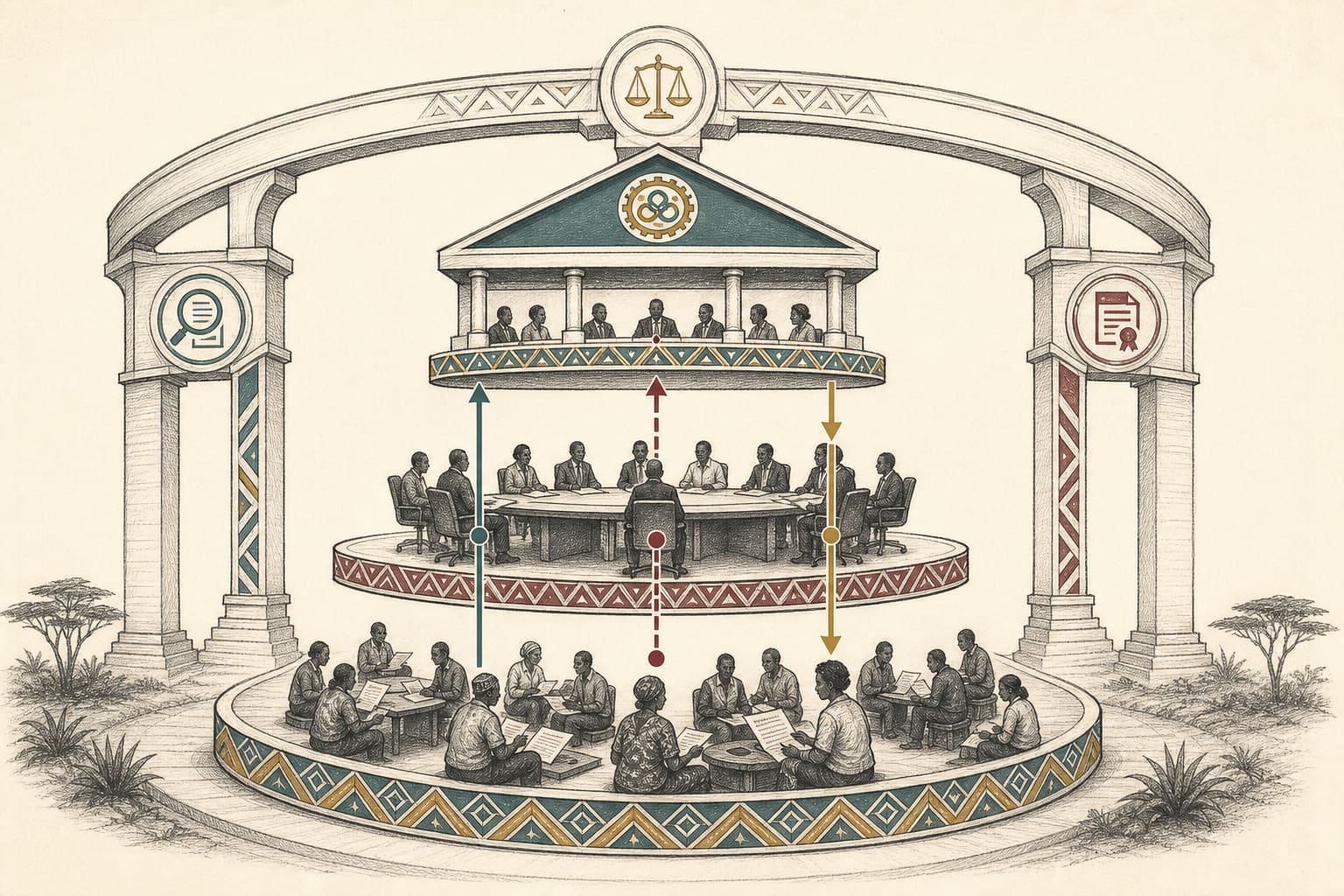 Layered co-operative architecture: retail members, member SACCOs, an apex union, and an outer frame of auditors, regulators and liquidators, with evidence, dissent and accountability moving between layers.