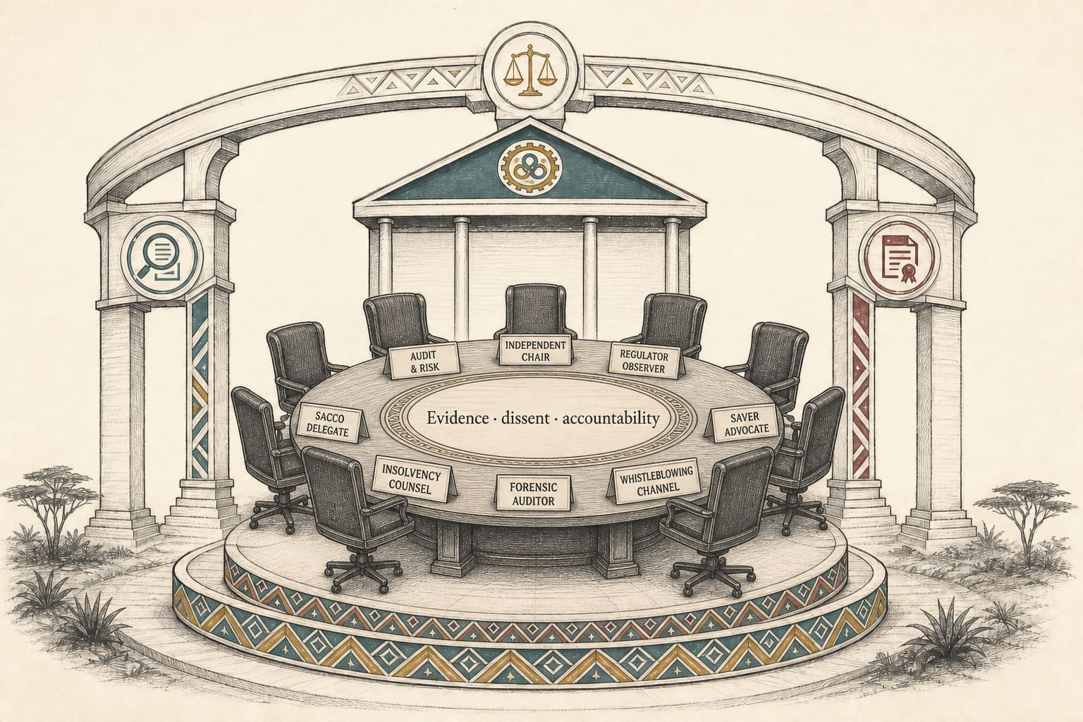 Editorial illustration of a circular decision table surrounded by chairs for independent chair, audit and risk, regulator observer, SACCO delegate, saver advocate, counsel, auditor, whistleblowing channel, and recovery specialist.