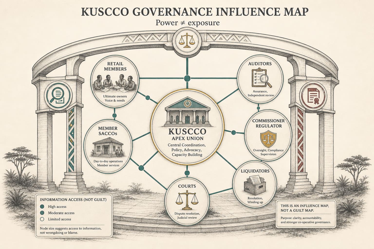 Editorial network diagram connecting retail members, member SACCOs, KUSCCO, auditors, Commissioner, liquidators and courts, with a note that power is not the same as exposure.