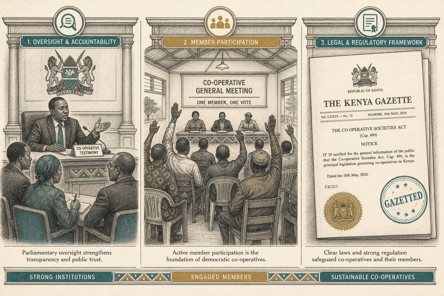 Editorial illustration in three panels: parliamentary testimony on the loan book, a member general meeting voting for liquidation, and an official Gazette notice cancelling registration.