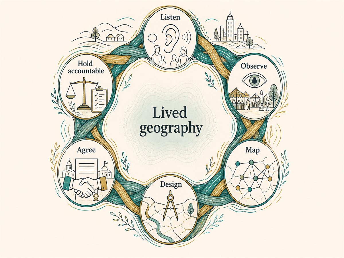 Circular process from lived geography to shared accountability: Listen, Observe, Map, Design, Agree, Hold accountable.