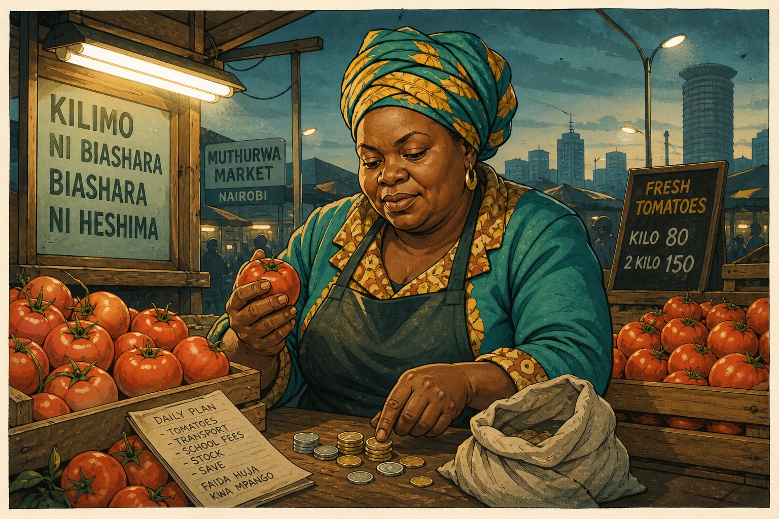 Editorial caricature of a Kenyan mama mboga before sunrise, pressing a tomato among wooden crates under hard fluorescent light.