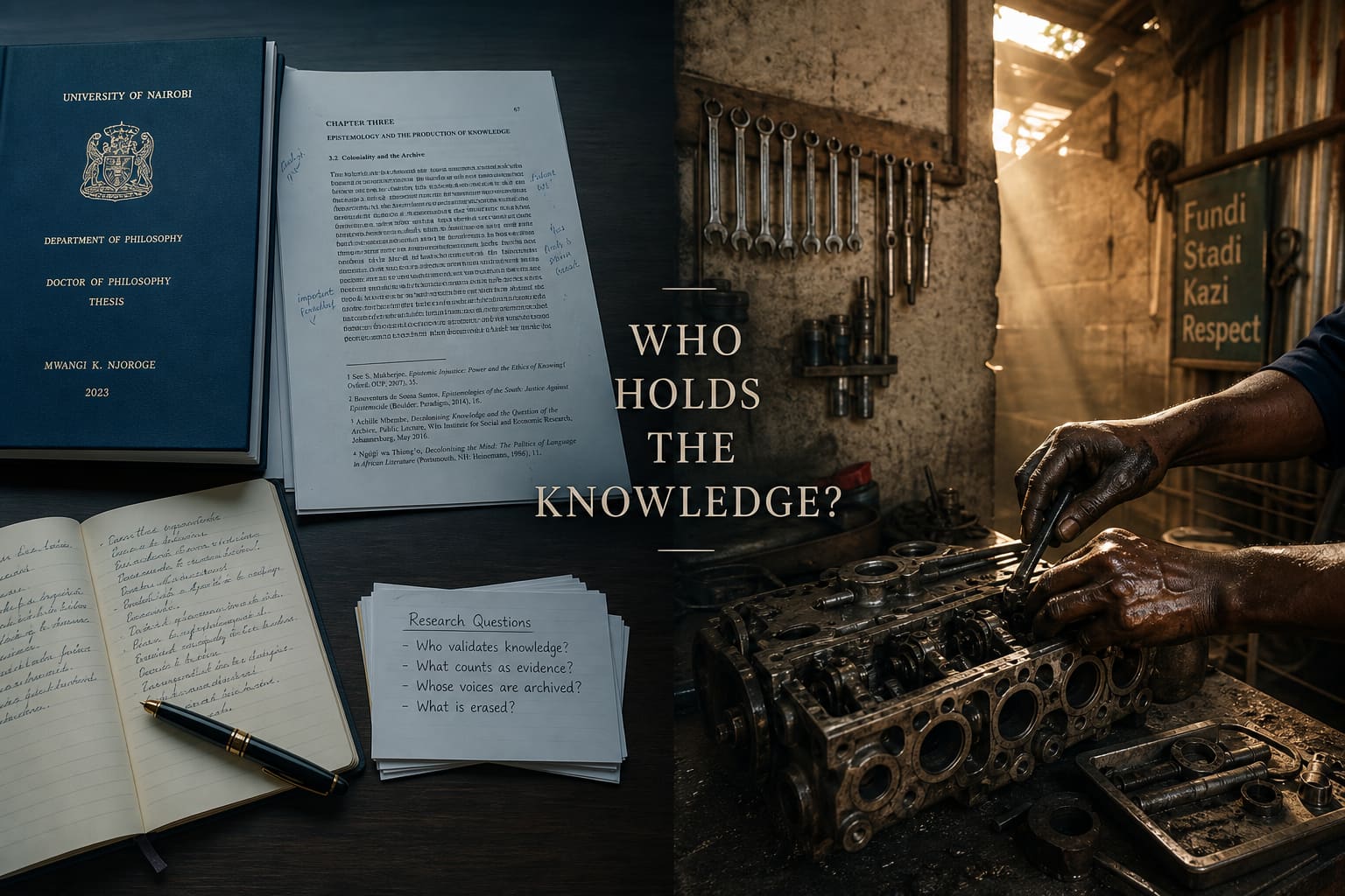Split editorial frame: a quiet academic table with thesis, footnotes and controlled light on the left; a Kenyan workshop with oil-darkened hands, metal and warm dust on the right, asking who holds the knowledge.