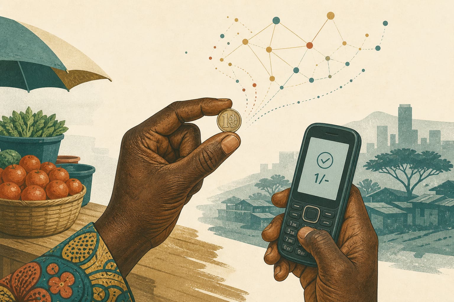 Conceptual illustration of a hand holding a one-shilling coin beside a feature phone showing a tiny mobile-money confirmation, with contribution points rising into a network.