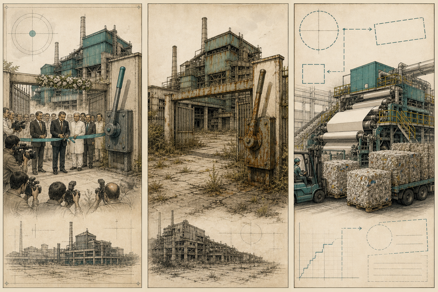 Editorial triptych: a ribbon-cutting and switch-on ceremony, then an idle rusted plant, then a working paper line still marked with unfinished verification dashes.