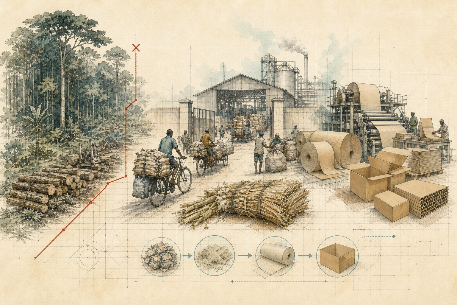 Editorial illustration of a feedstock transition: a forest route marked closed, wastepaper collectors and bagasse bundles at a mill gate, then kraft liner and packaging boxes.