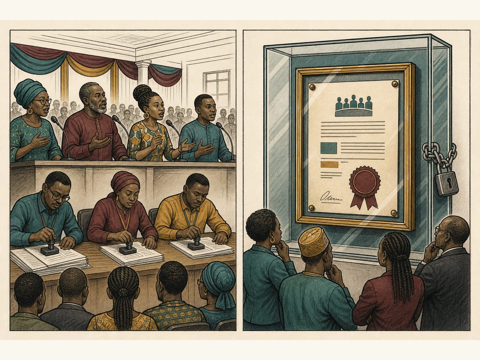 Editorial caricature diptych: citizens speaking in a civic hall while attendance sheets are stamped on one side; a sealed decision frame that cannot be revised on the other.