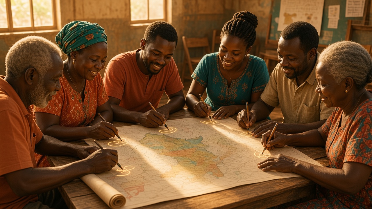 Warm painterly scene of Kenyan citizens of different ages around a wooden table, redrawing pathways on a large paper map of Kenya in soft afternoon light.