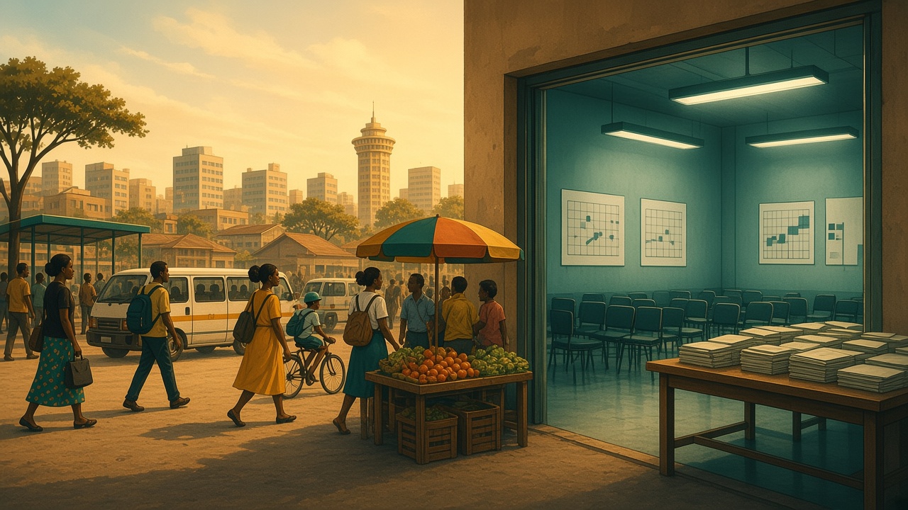 Painterly Kenyan street at golden hour with matatus and a fruit stall; through an open doorway, a cool teal nomination hall with empty chairs, wall charts and stacked papers.