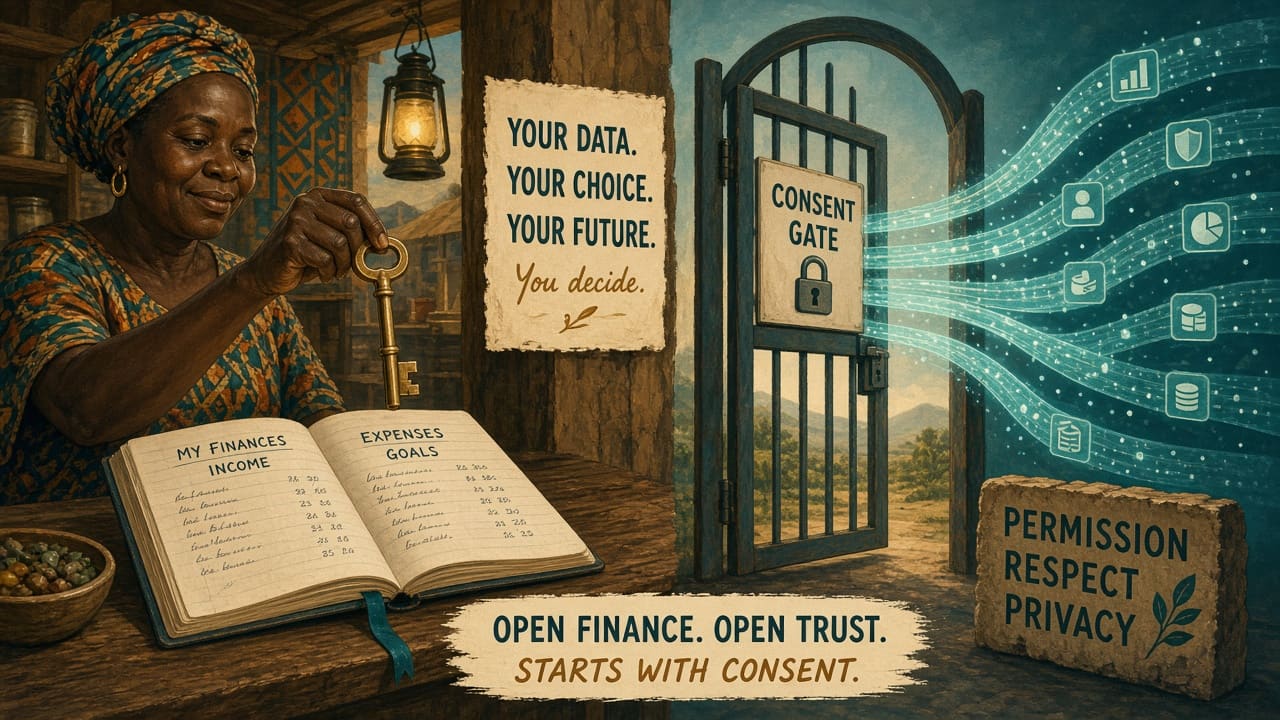 A trader holds a brass key above a personal ledger while soft data light waits beyond a consent gate.