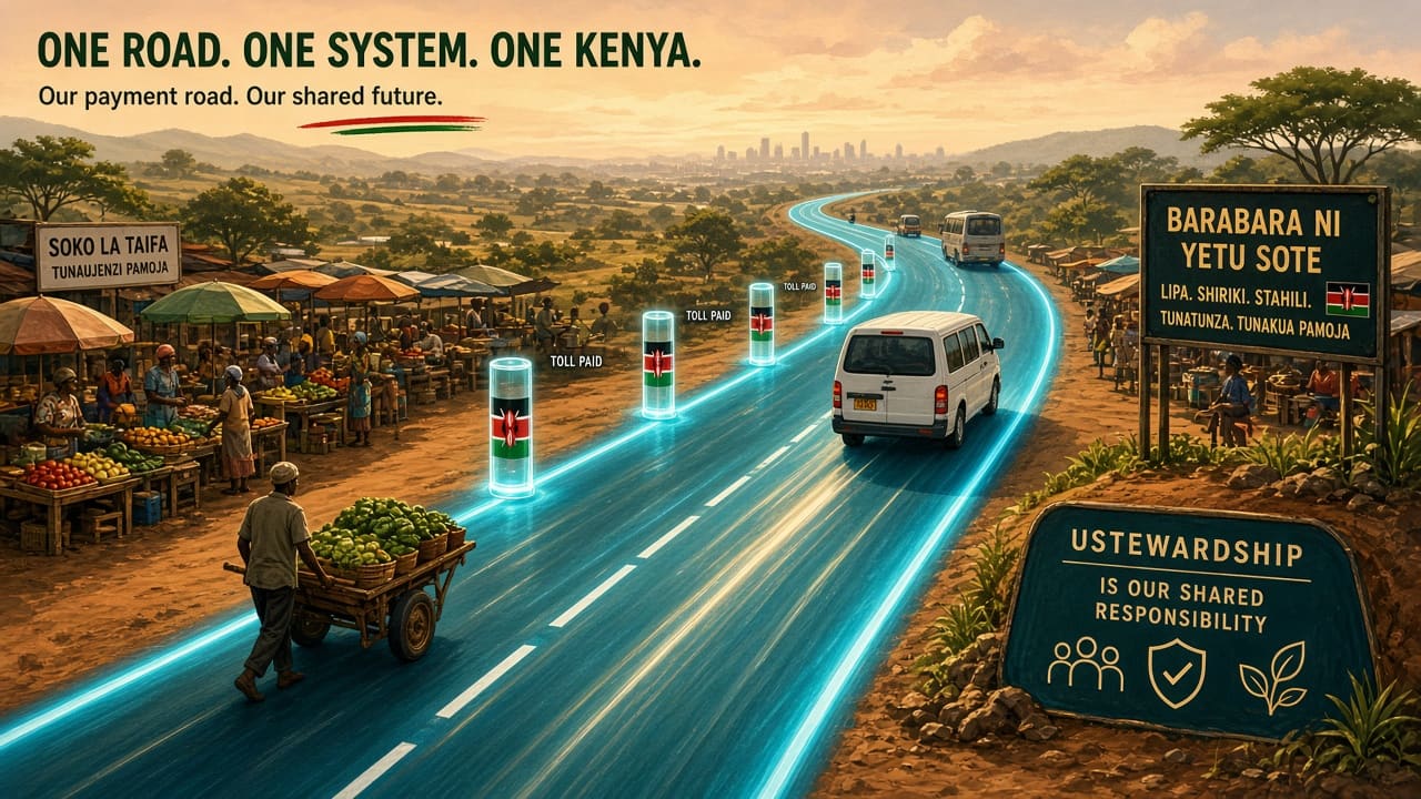 A luminous shared payment road through a market landscape where small carts and larger vans travel the same fair route.
