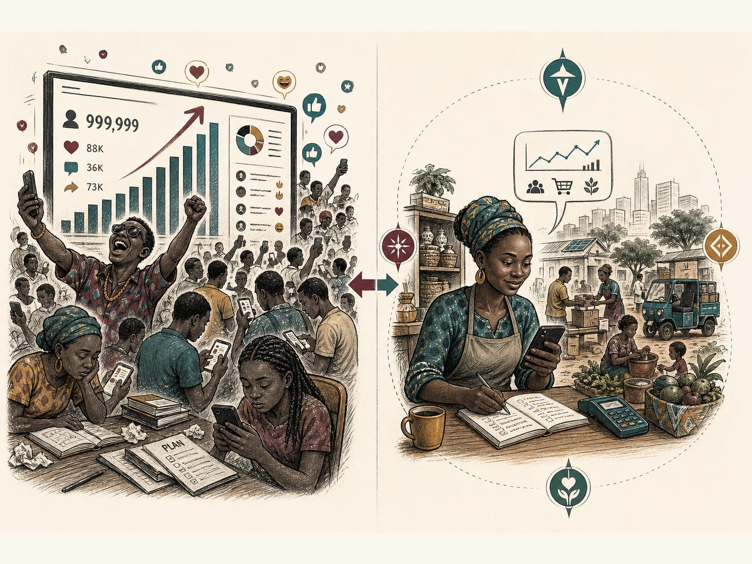 Editorial caricature diptych: a loud popularity dashboard of clicks and abandoned tasks on one side; quieter continued use solving a problem, growing an enterprise and honouring dignity on the other, with subtle compass points for innovation, aspiration, practicality and purpose.