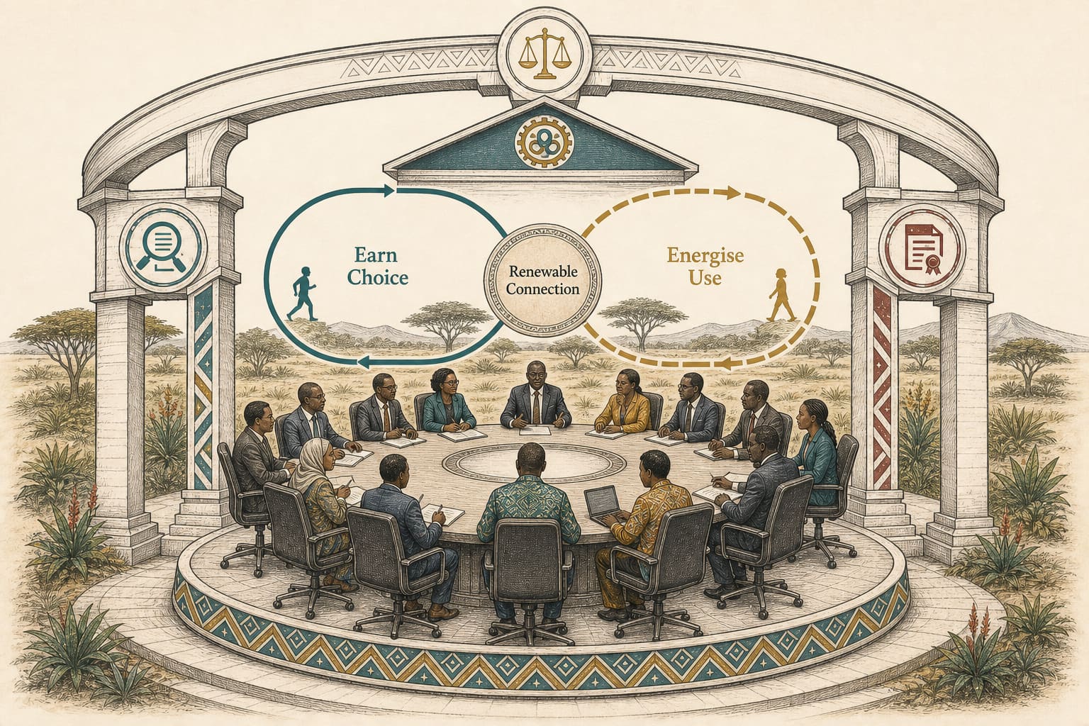 Editorial illustration of an East African board courtyard framed by a stone arch: two interlocking walking loops labelled Earn Choice and Energise Use meet at a Renewable Connection courtyard, with a circular table of board roles below.