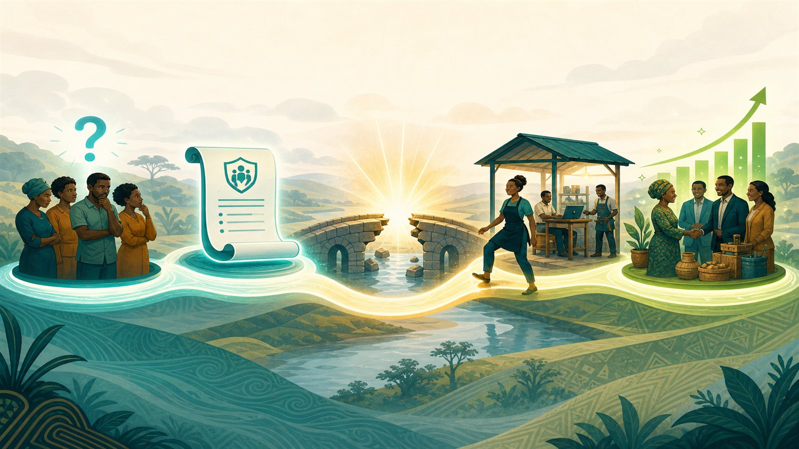 Five-step journey along a glowing pathway: a problem people face, a public goal or rule, a missing solution, a business that steps in, and shared gain for people and enterprise.