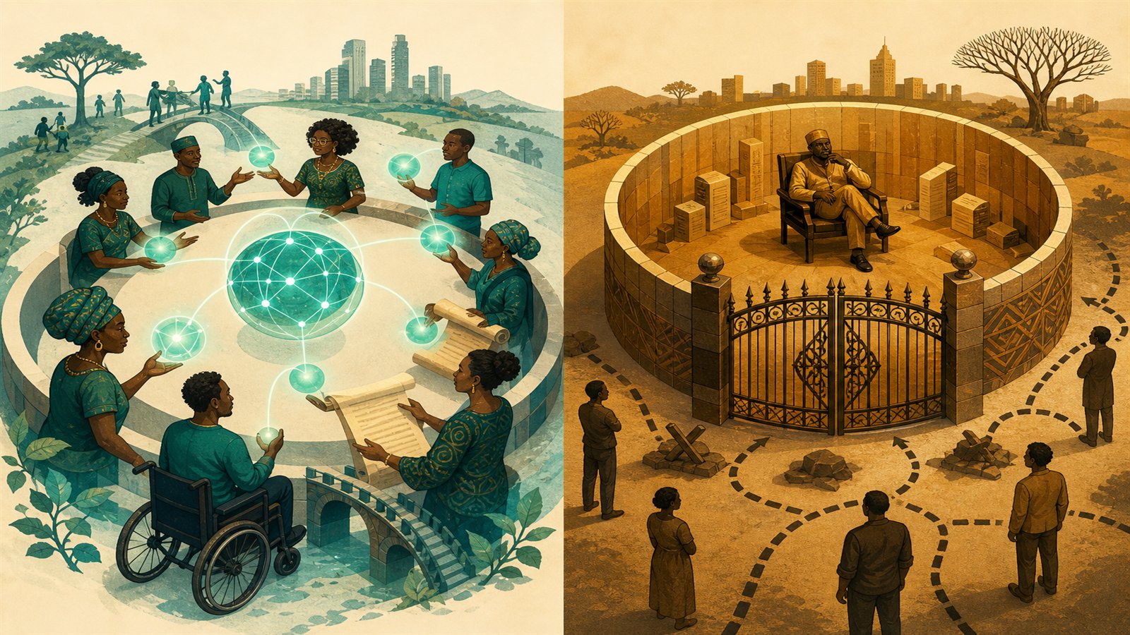 Two-panel comparison. Left, Build value: an open commons where people share trust and public gain. Right, Capture the rules: a closed enclosure concentrating privilege while others are shut out.