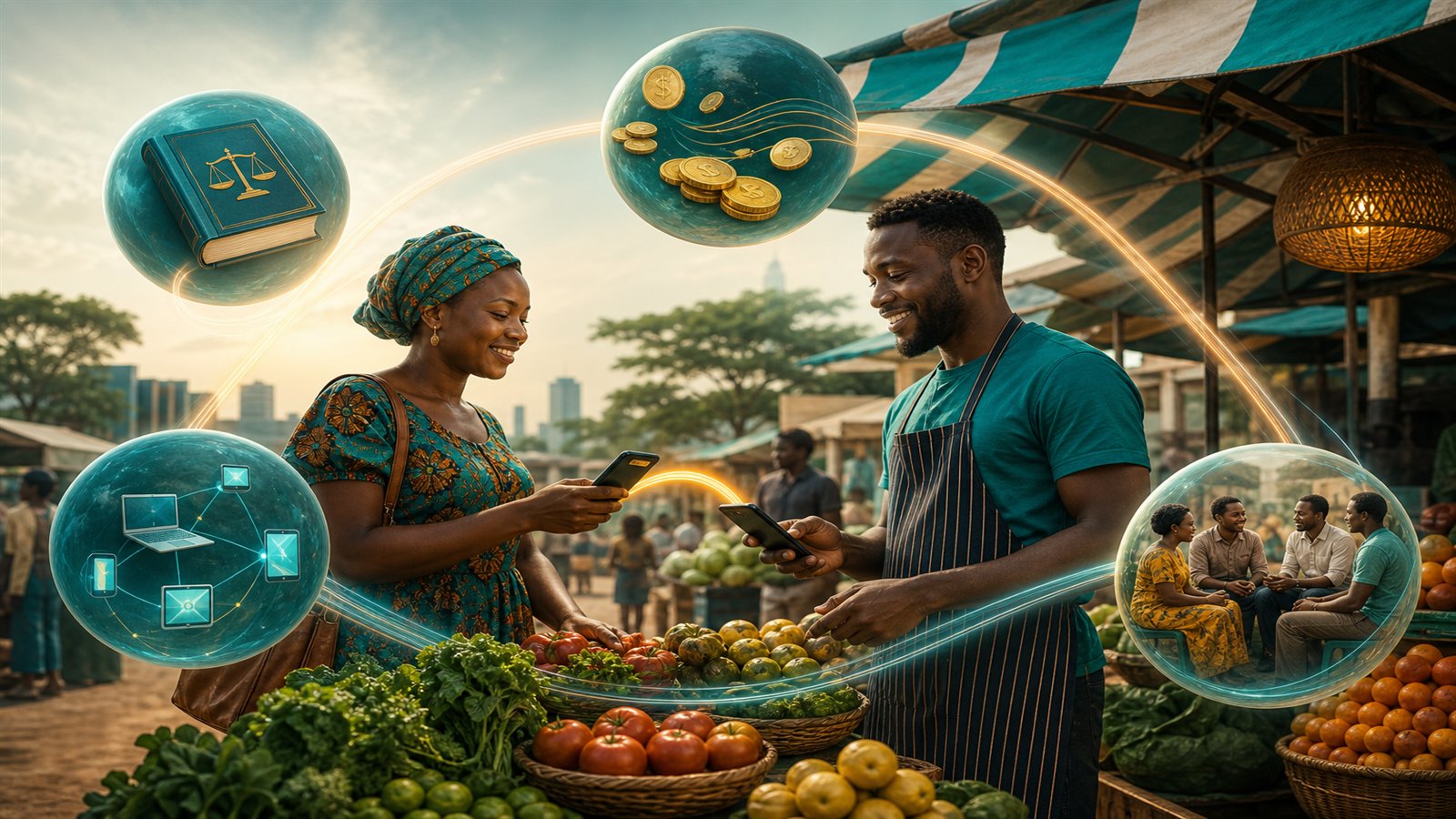 A contemporary market stall payment surrounded by four interconnected forces: rules, money, technology and people, linked by flowing pathways.