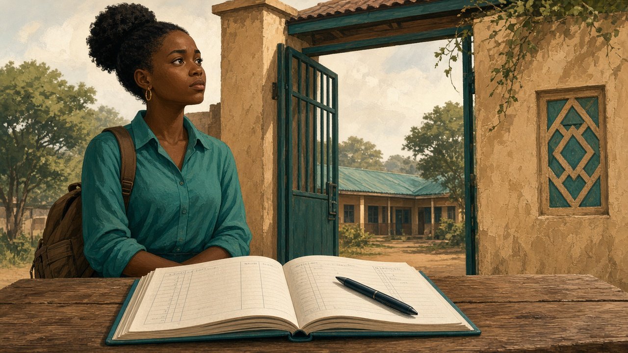 A learner at a college gate with a household ledger in the foreground, access today linked to repayment tomorrow.
