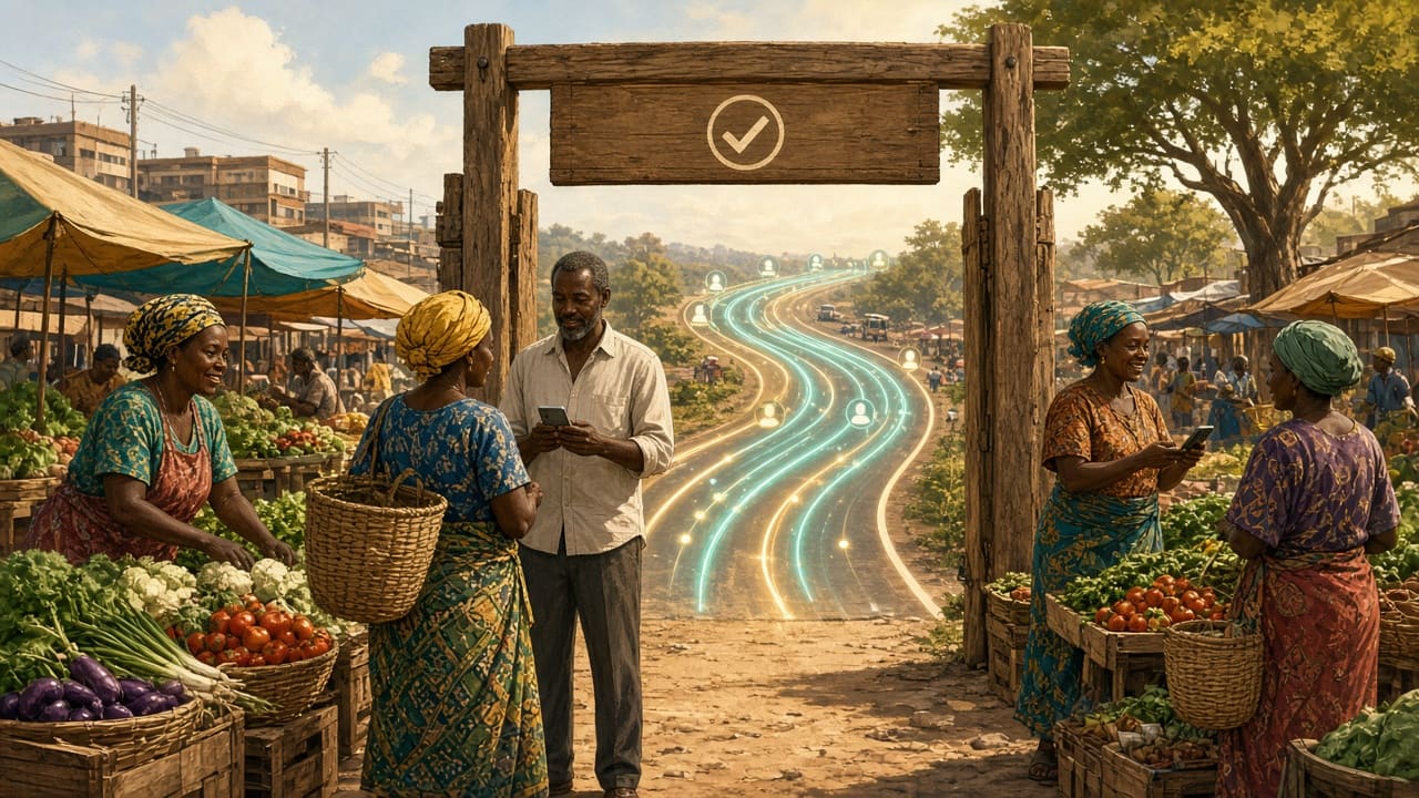 Conceptual editorial illustration of a Kenyan open-air market where traders pass through a wooden payment gate, with soft pathways of mobile payments connecting stalls to a shared road beyond.