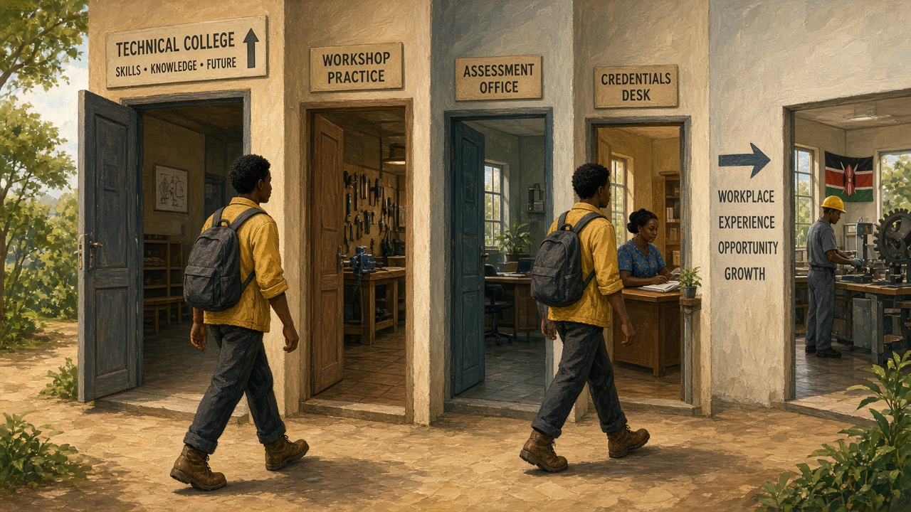 A Kenyan learner moving through a sequence of institutional doorways toward a workshop and workplace.