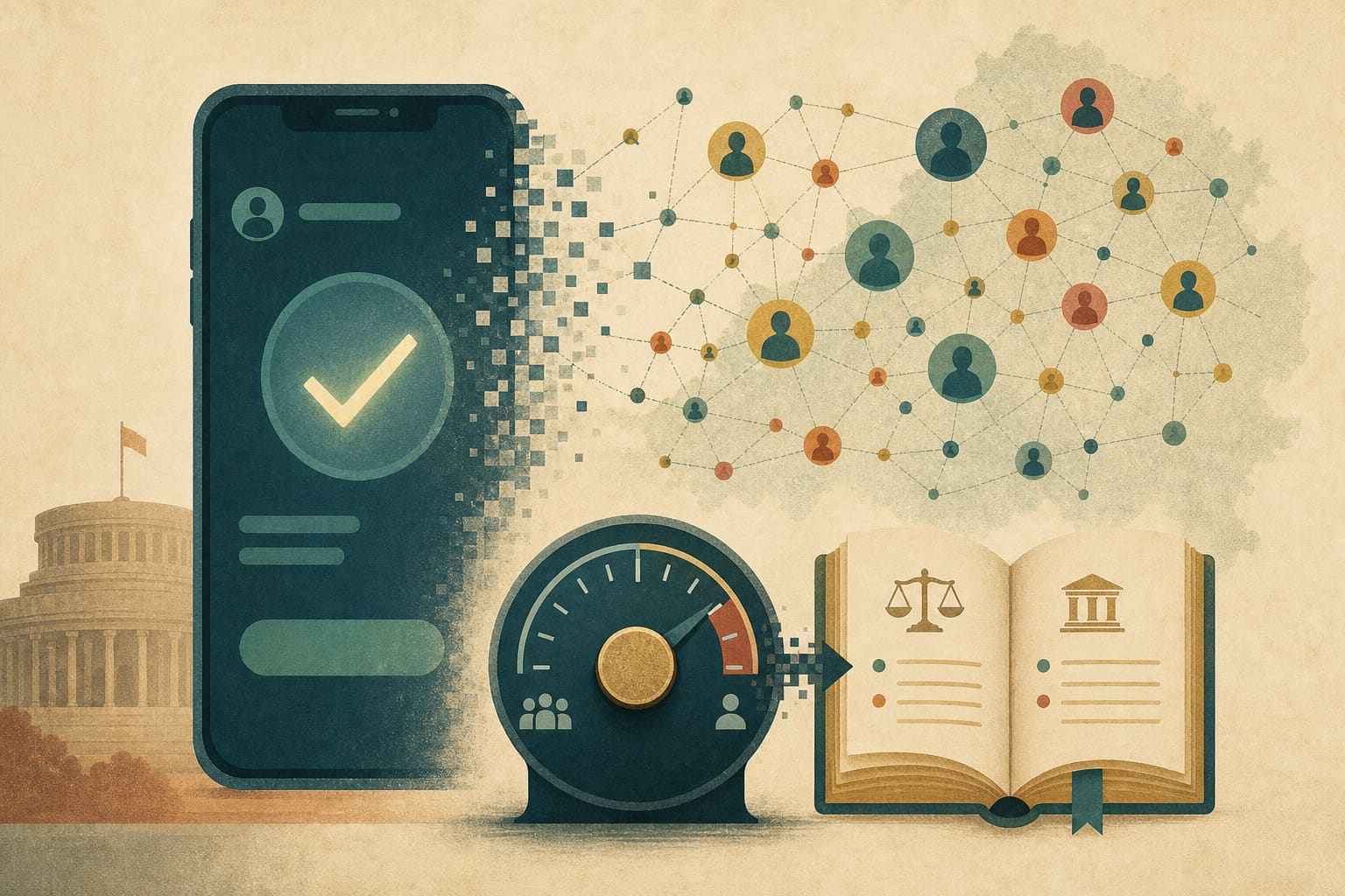 Conceptual illustration of digital registration: a phone interface and rising count transforming into an open rule book and citizen network.