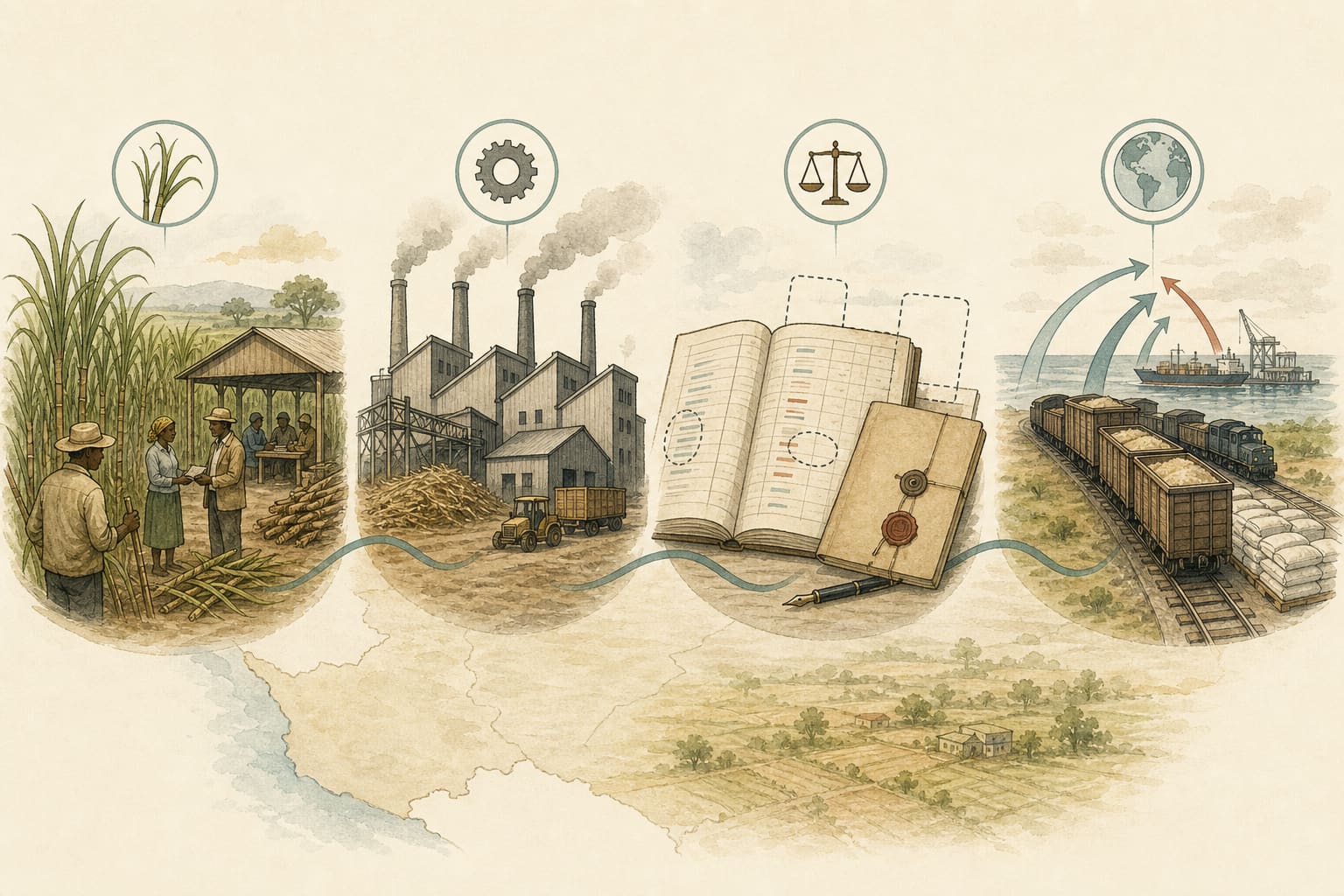 Four-station editorial chain across the sugar belt: Field (cane out-growers), Mill (leased factories), Ledger (payments, arrears, disclosed terms), and Market (competition, imports, sanctions), linked by a teal path.
