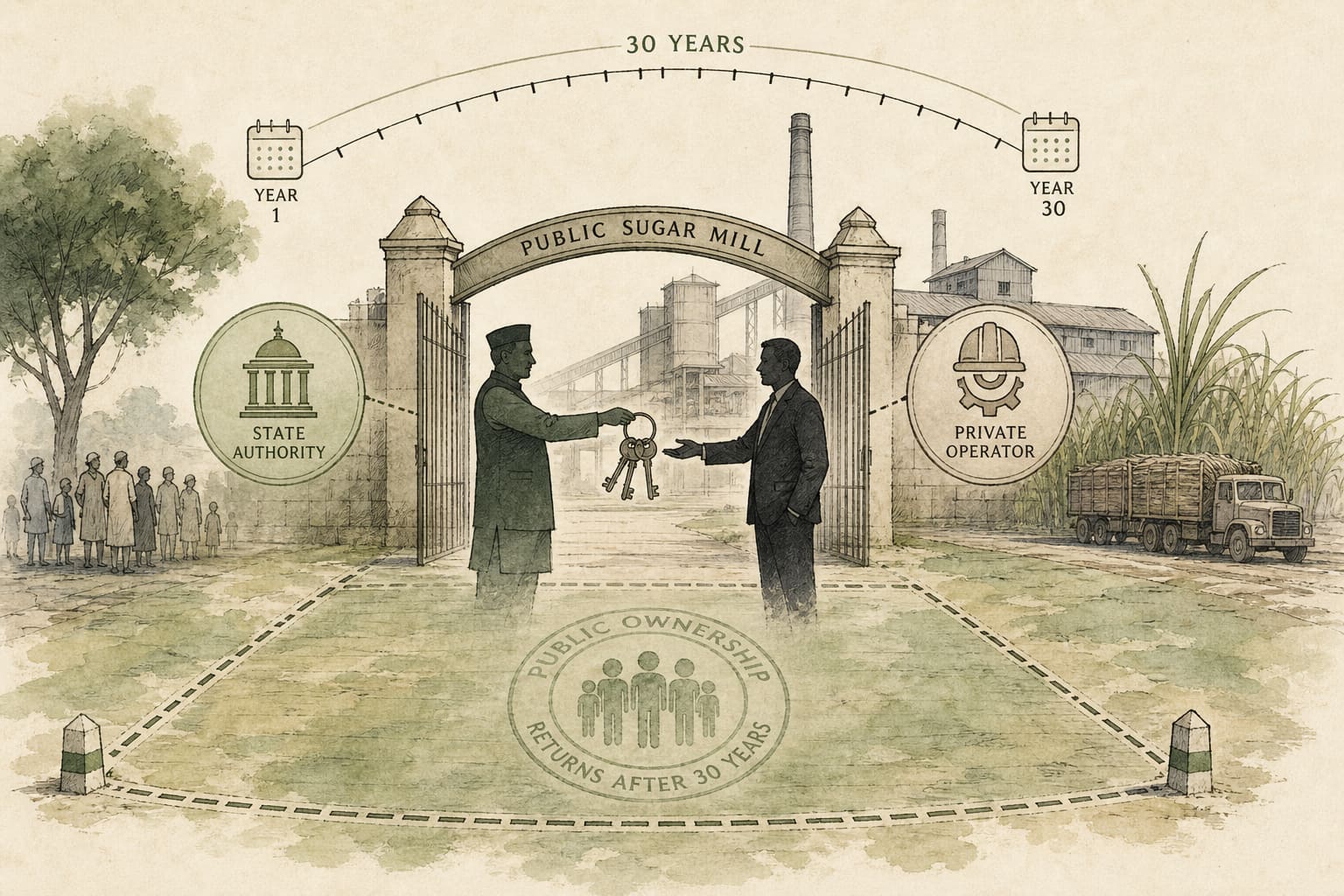 Conceptual editorial image: keys pass at a sugar mill gate while dashed public-ownership lines remain on the land and factory foundations, suggesting a long lease rather than a sale.