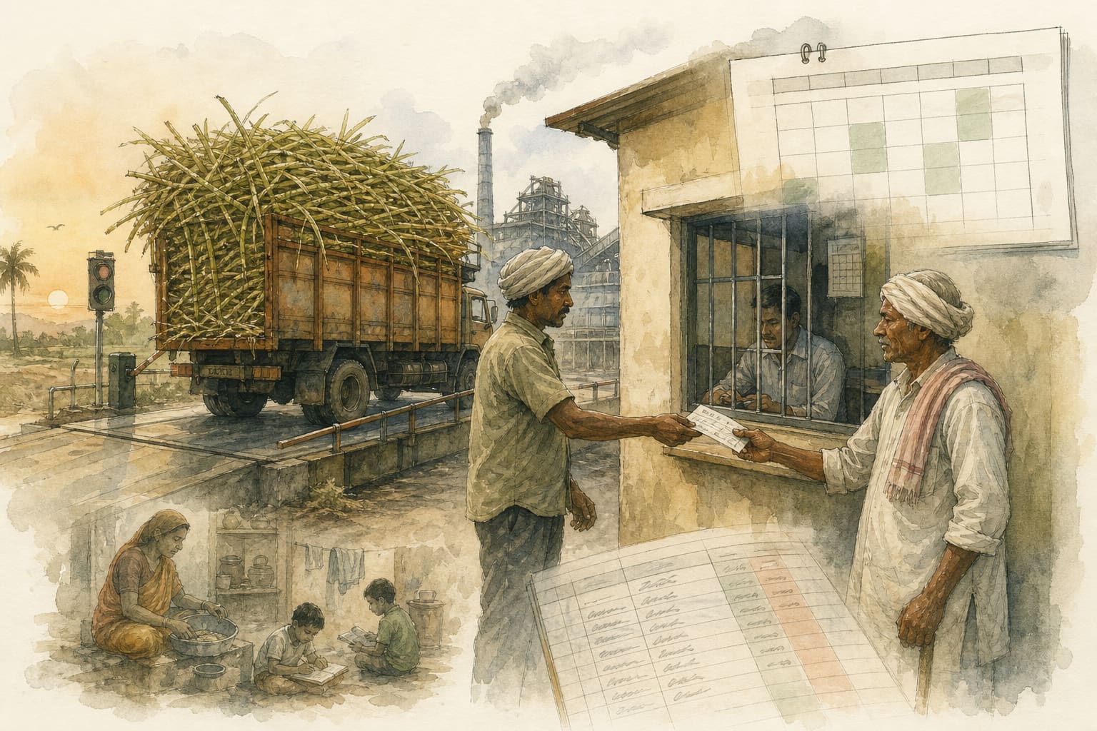 Conceptual editorial scene at a mill weighbridge: a cane truck, a weigh ticket changing hands, and a farmer at a payment window beside an incomplete arrears ledger overlay.