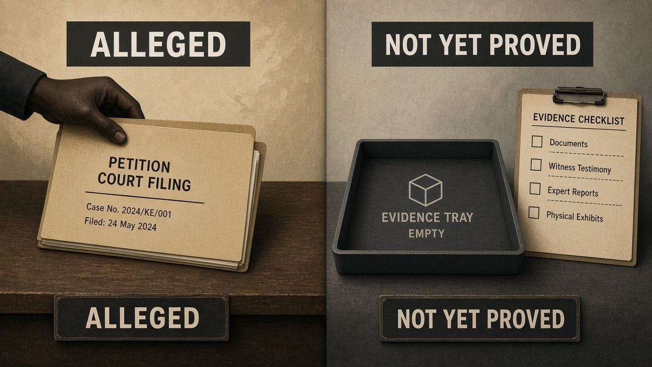 Split scene: a petition folder labelled Alleged beside an empty evidence tray labelled Not yet proved.
