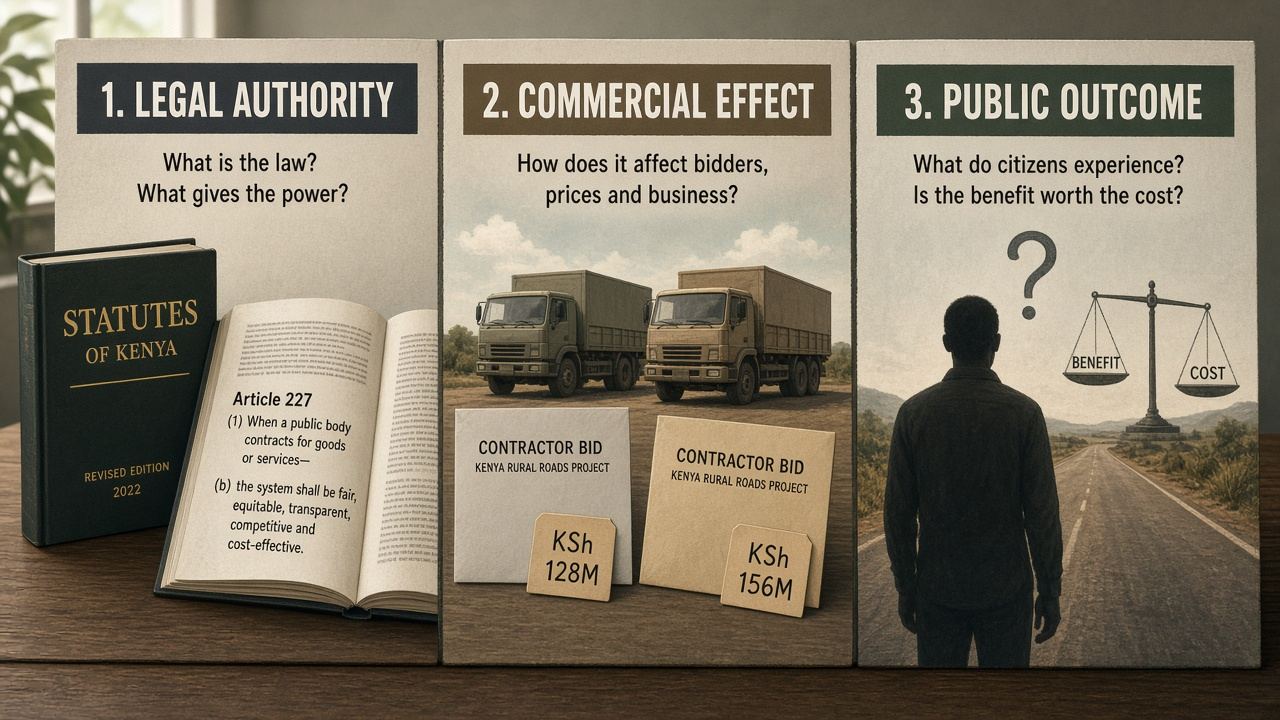 Three panels: Legal authority, Commercial effect, and Public outcome.