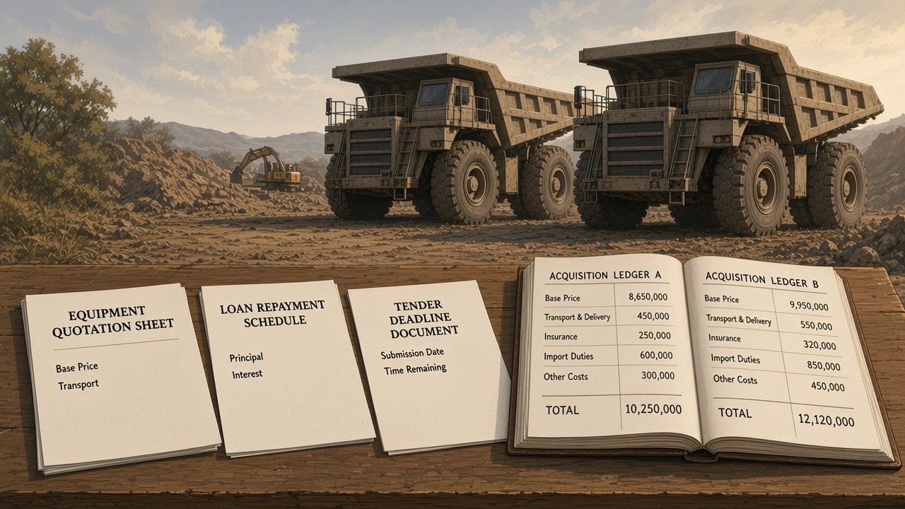 Two comparable trucks beside different acquisition ledgers, with quotation, loan schedule and tender papers on a desk.