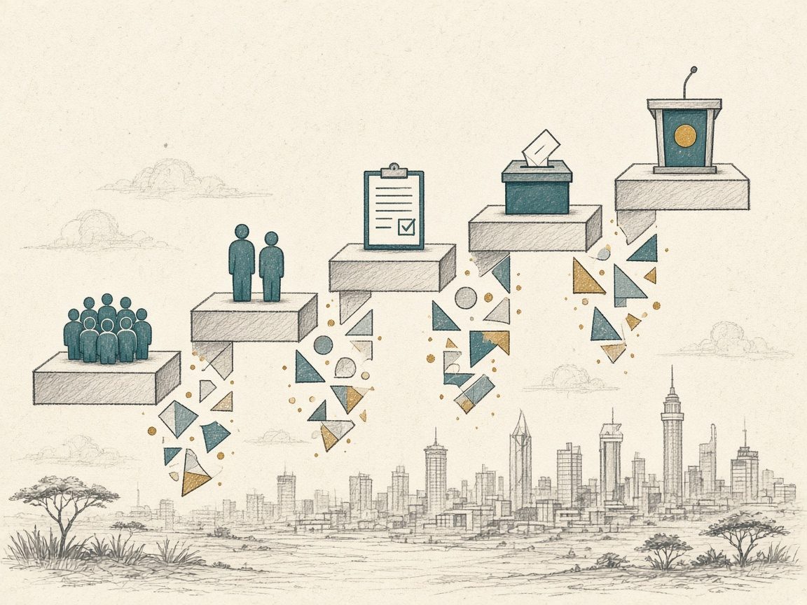 Conceptual editorial illustration of five electoral arithmetic steps rising as platforms, with gaps between them showing that each leap requires additional evidence.