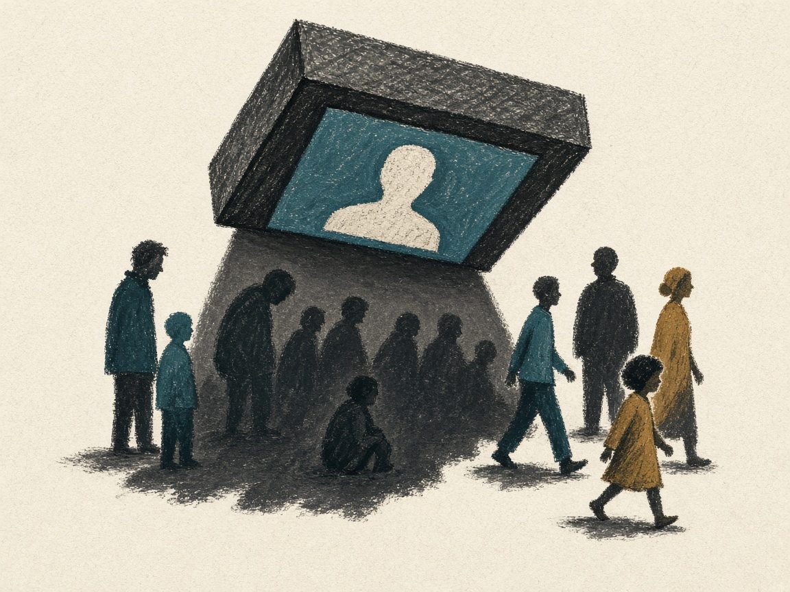 Conceptual editorial caricature of a single average stamp pressing onto a diverse crowd of silhouettes, while some figures step aside from the imprint.