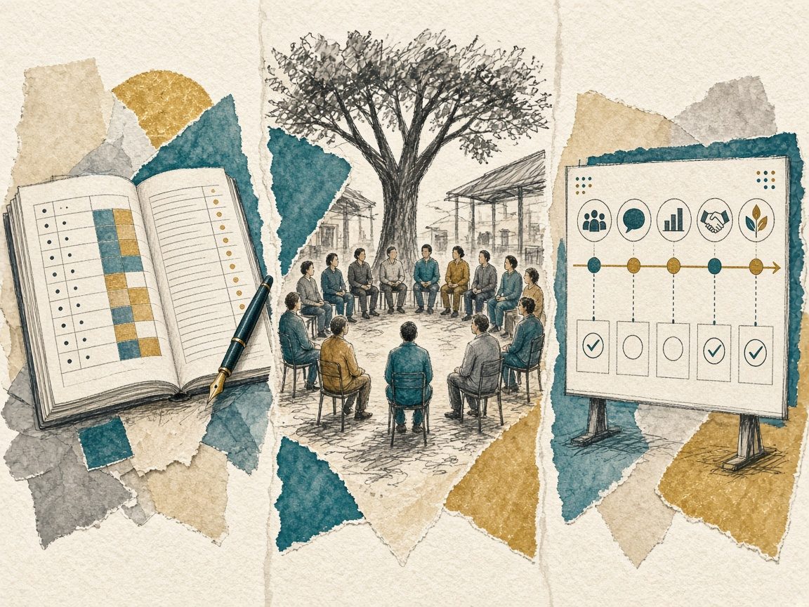 Conceptual editorial triptych suggesting accurate counting, community listening, and a public commitment that can be checked over time.