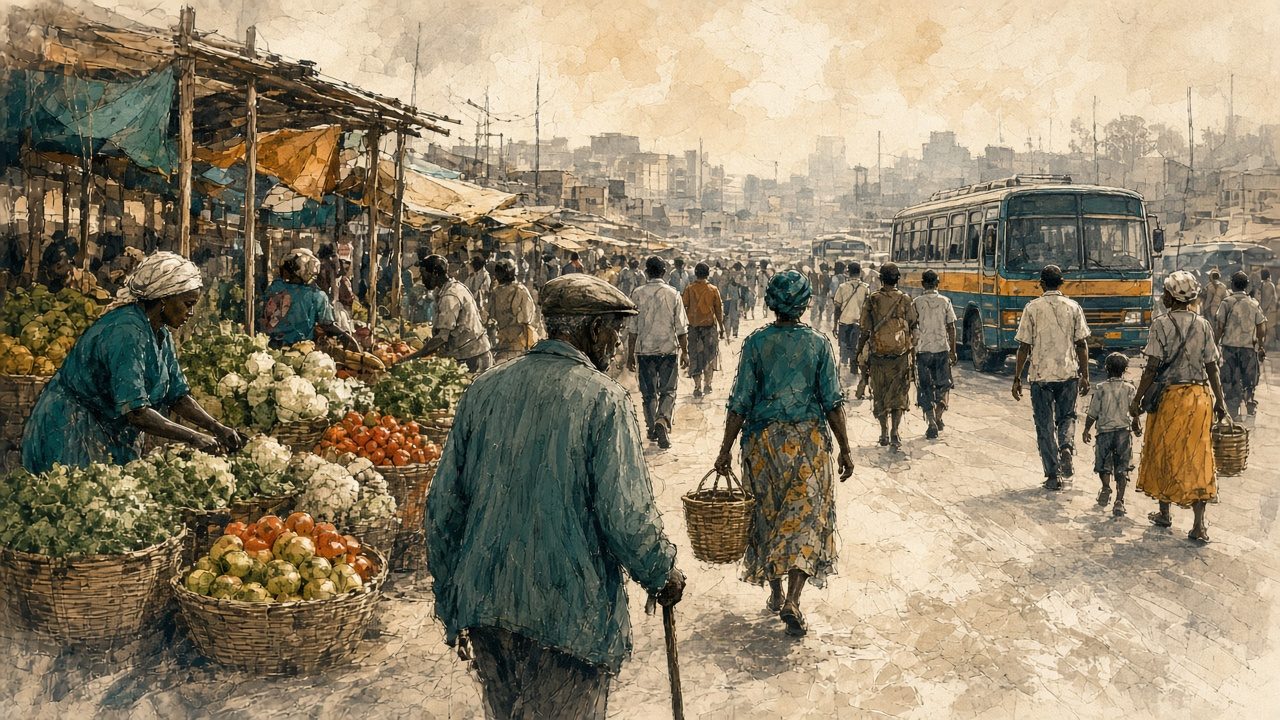 Conceptual editorial illustration of a shared Kenyan market street and public corridor where people of different ages move through stalls and everyday commerce, suggesting citizenship beyond regional totals.