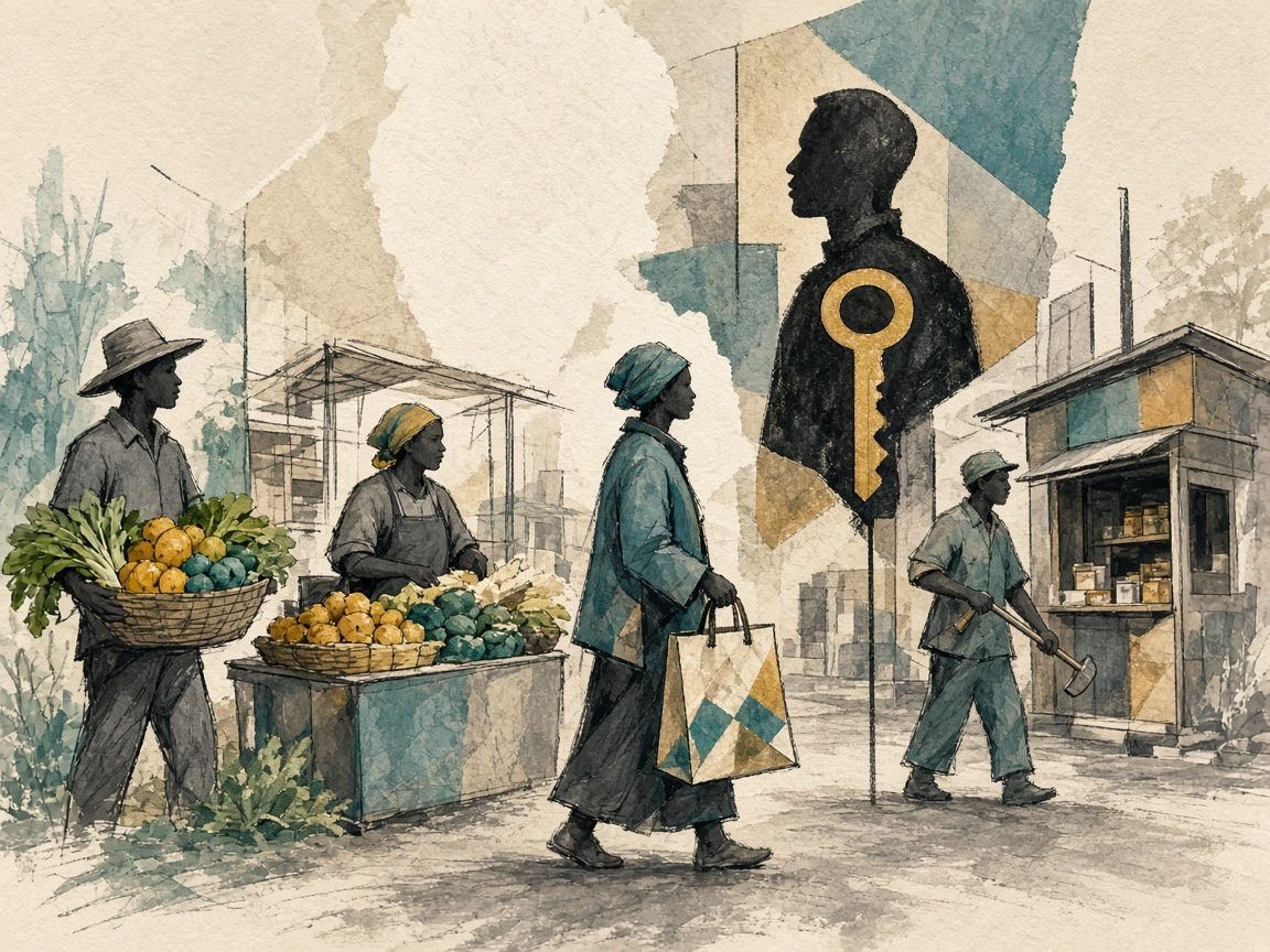 Conceptual editorial collage of a shared market where farming, trading, buying, renting and working coexist in one public space.