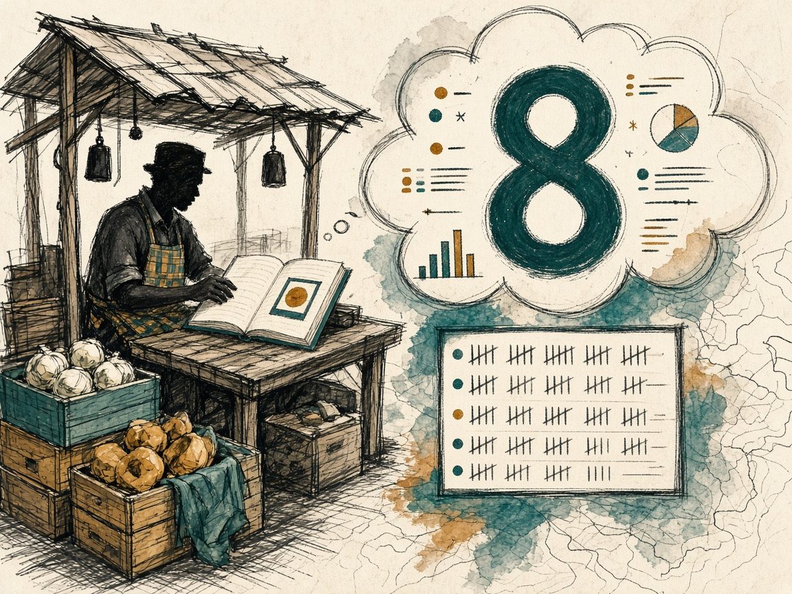 Conceptual editorial illustration of a trader closing a ledger while abstract tally marks and a regional count absorb the human detail of the scene.
