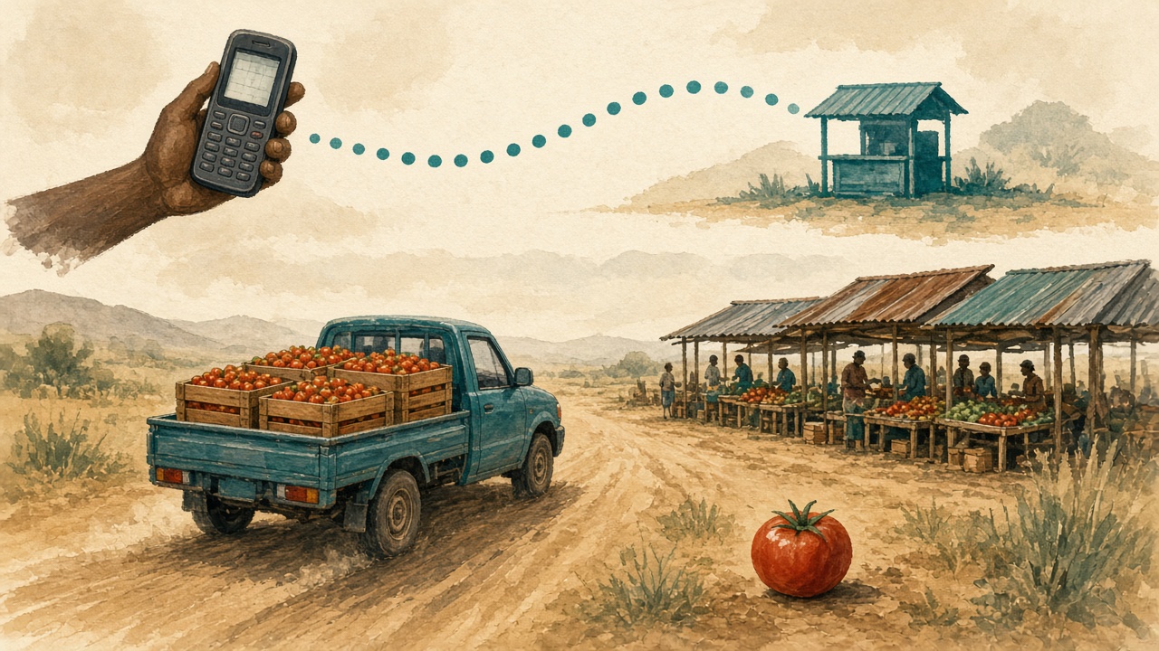 Conceptual illustration: a quiet digital order path above a dusty Kenyan road where a small truck carries tomato crates toward market stalls.